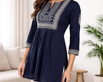 Summer Tops For Women - Navy Blue  Embroidered Short Kurti For Women- Indian Tunics - Kurtis For Women - Indian Ethnic Top - Kurta Top Women
