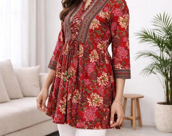 Empire Style Cotton Tunic Top - Red Printed/ Sequinned Pure Cotton Kurti - Tops Tees T-shirt For Women - Kurtis For Women- Indian Ethnic Top