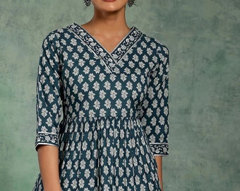 Kurtis pour femme - Tunique indienne - Robe kurta courte - Kurti coupe trapèze en coton imprimé bleu - Robe indienne XXL 3XL - Hauts et t-shirts - Hauts d'été