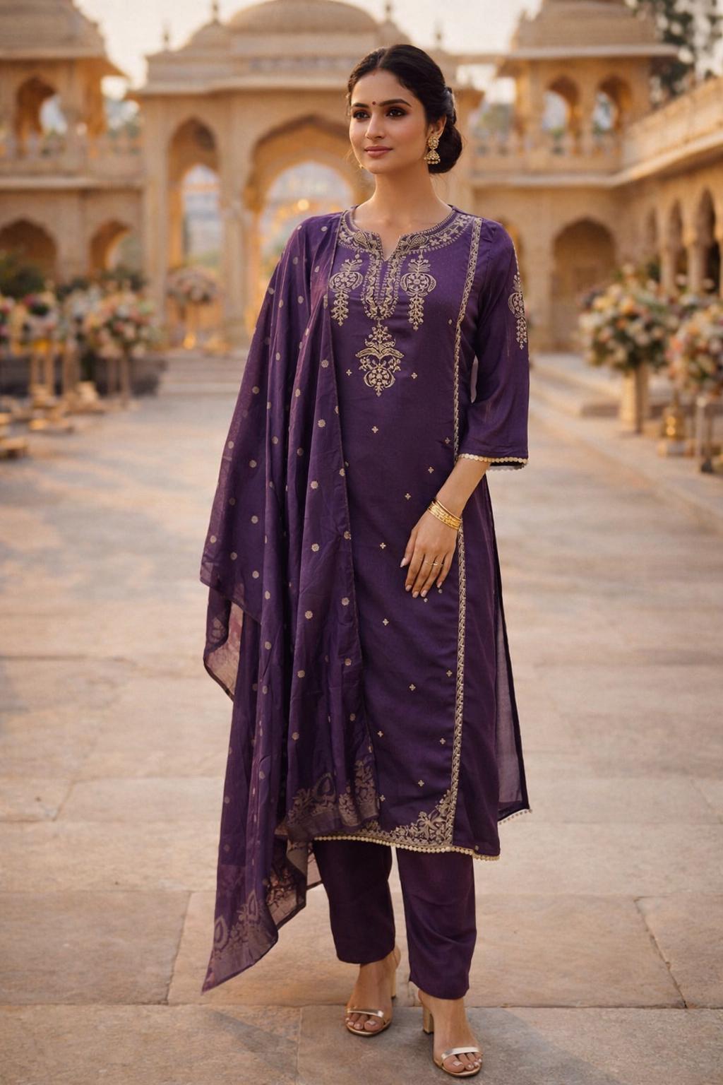Indian Dress For Women - Purple & Silver Silk Yoke Design Kurta With Trousers Dupatta - Salwar Kameez For Women - Party Wear Kurta Sets