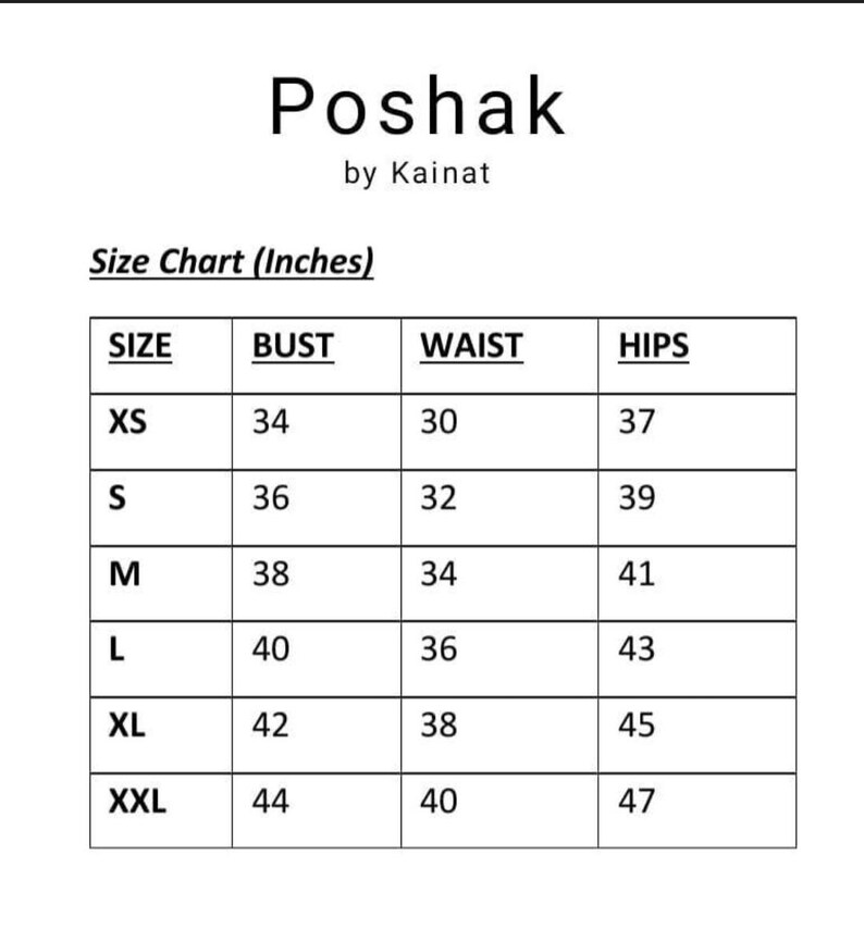 May include: Size chart for clothing in inches. The chart shows sizes XS through XXL with corresponding bust, waist, and hip measurements.