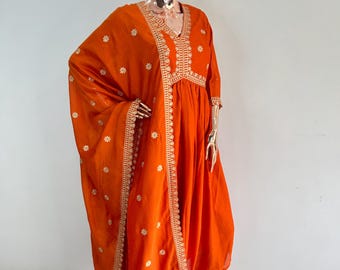 Indian Festive Wear For Women - Orange Embroidered Silk Kurta Set - Haldi Outfit For Women - Indian Wedding Guest Dress - Festive Kurta Set