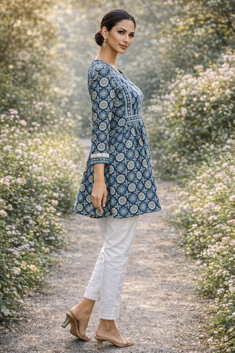 May include: A woman wearing a blue patterned tunic with three-quarter sleeves and white pants. The tunic features a V-neck and a flared hem. The pants are cropped and have embroidered details at the hem. The woman is wearing heeled sandals.