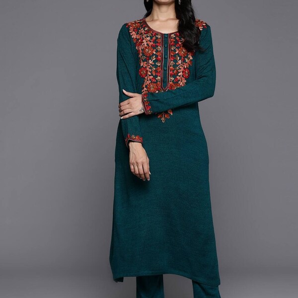Winter Pure Woolen Kurta Set For Women - Teal Yoke Design Embroidered  Thread Work Woolen Kurta with Trousers - XXL 3XL Kashmiri Kurta Set
