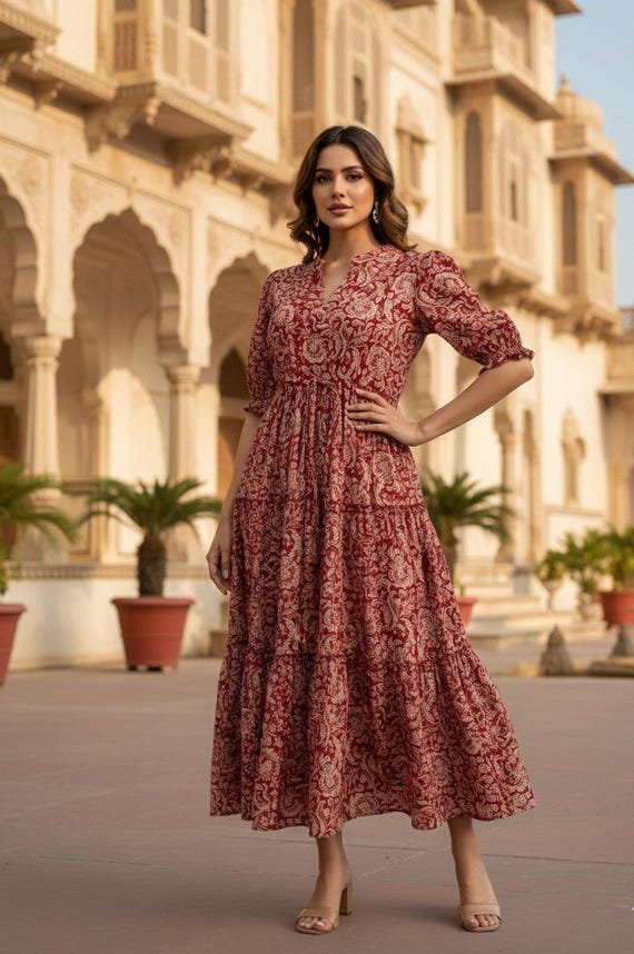 chinese dress ladies Burgundy Satin Tiered Maxi Dress for Women