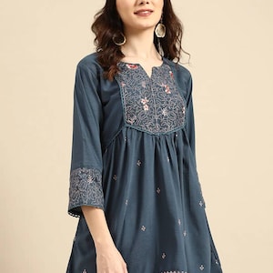 Short Kurti For Women - Teal Blue Embroidered A-line Tunic Top - Kurtis For Women - Summer Tops Tees Blouses - Indian Tunic Top - Boho Tops