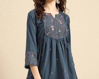 Kurti court pour femme - Haut tunique trapèze brodé bleu sarcelle - Kurtis pour femme - Hauts d'été, t-shirts, chemisiers - Haut tunique indien - Hauts bohèmes