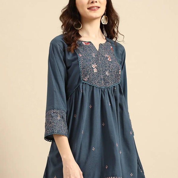 Kurti corto para mujer - Top de túnica de línea A bordado en azul verde azulado - Kurtis para mujer - Blusas de camisetas de verano - Top de túnica india - Tops Boho