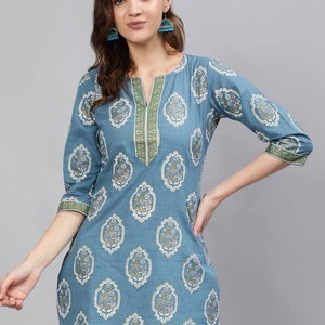 Indian Tunics For Women - Blue & White Printed Cotton Summer Tunic Top/ Kurti For Women - Plus Size 3XL Short Kurta Top - Summer Tops Tees