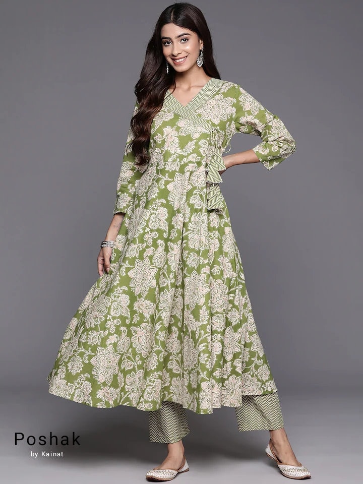 Women Olive Traditional Angharkha Top Set at Rs 1999.00