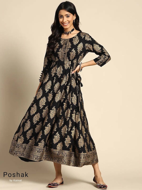 Buy Black Fancy Party Wear Digital Printed Nyra Cut Kurti Online From  Wholesale Salwar.