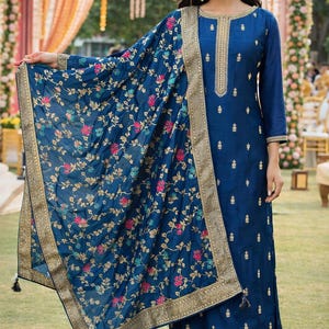 Indian Party Wear For Women- Navy Blue Embroidered Straight Kurta With Trousers & Dupatta - Silk Kurta Sets - Pakistani Salwar Kameez Suit