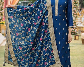 Indian Party Wear For Women- Navy Blue Embroidered Straight Kurta With Trousers & Dupatta - Silk Kurta Sets - Pakistani Salwar Kameez Suit