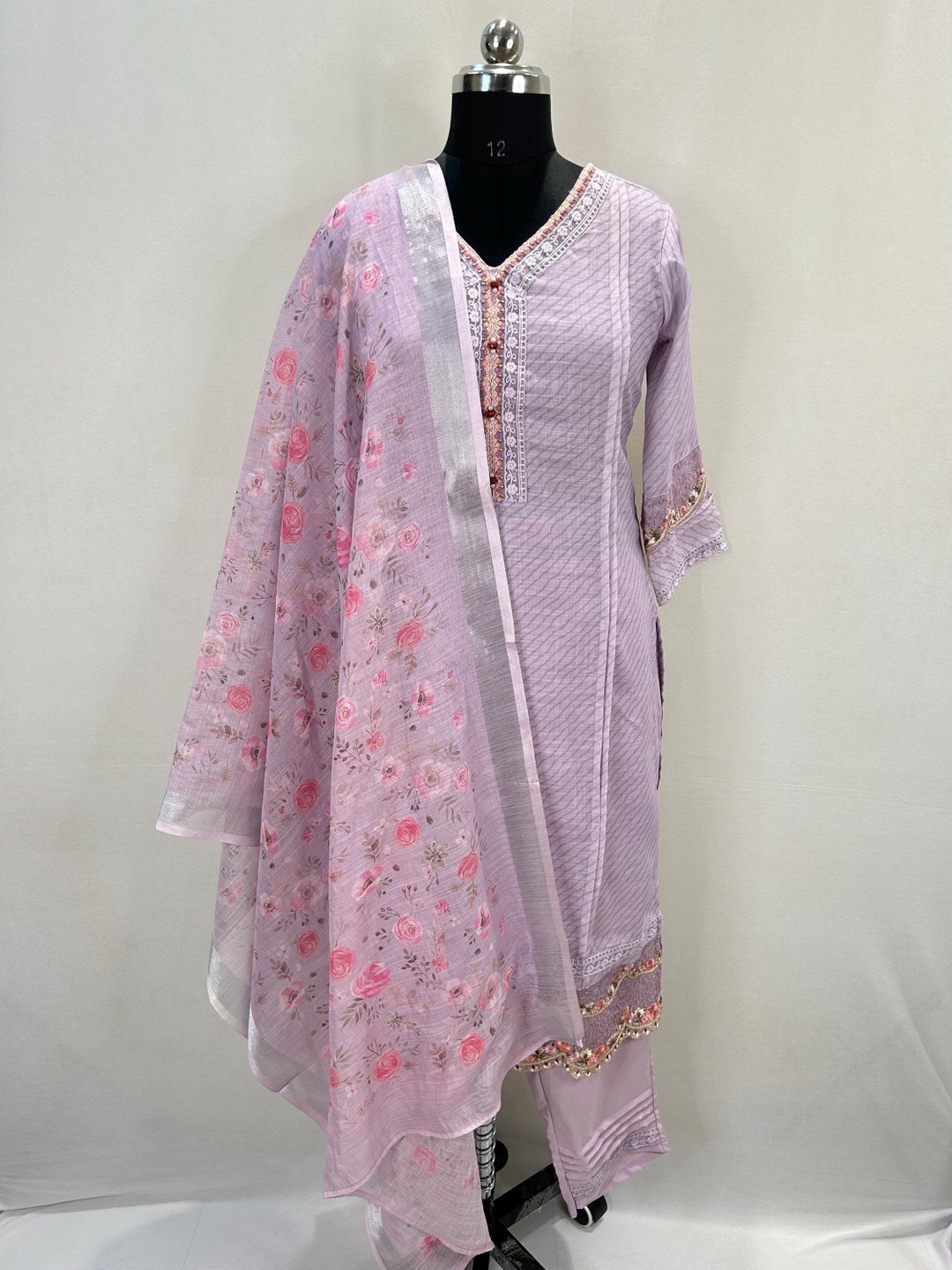 Blue Linen Kurta Set With Embroidery