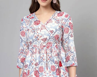 Robe courte Kurti - Haut portefeuille en coton pur imprimé blanc et rouge pour femmes - Kurta Femmes - Summer Top Tees Femmes - Tunique Tops- Haut ethnique indien