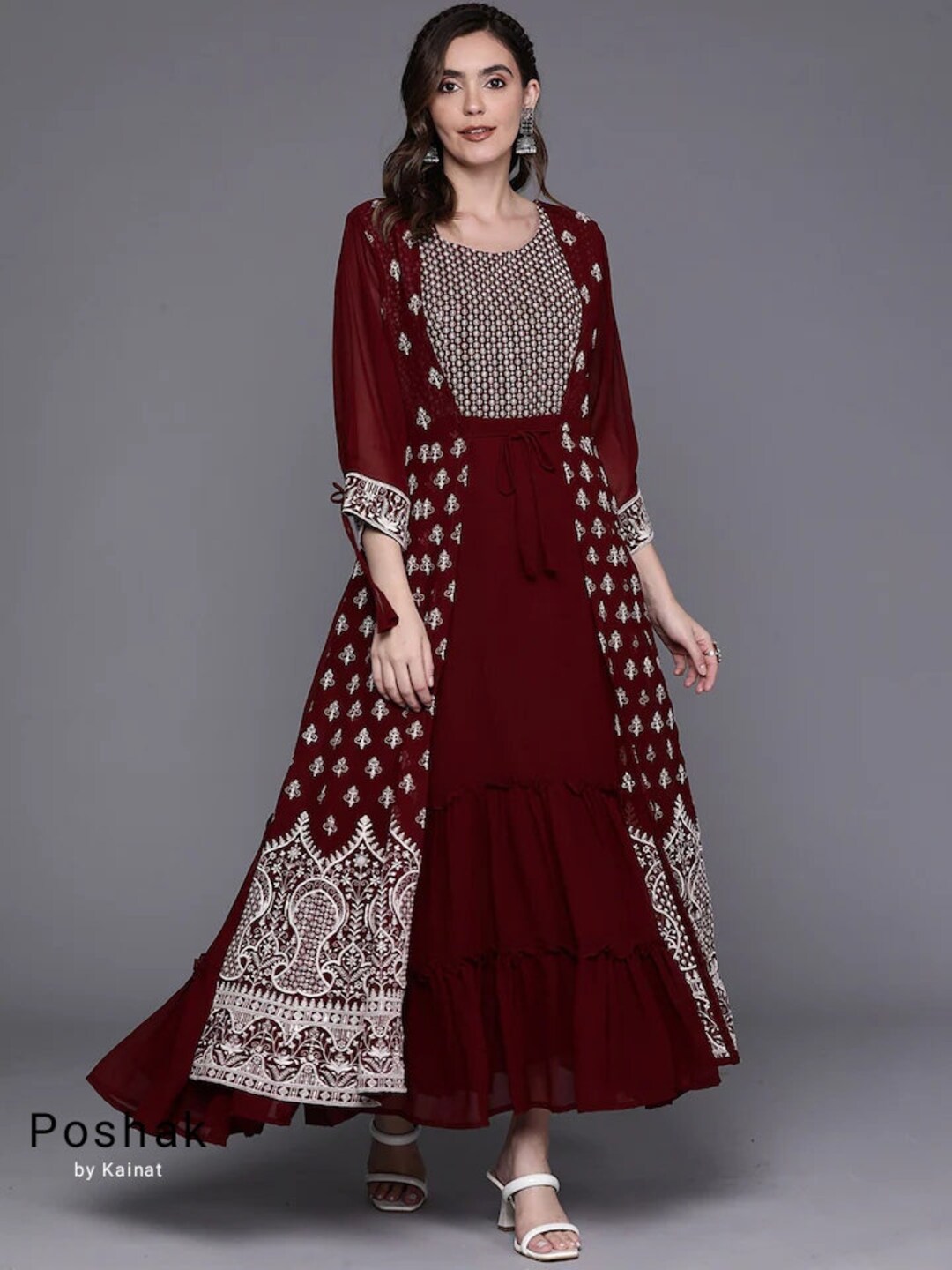 Indian Party Dress for Women Maroon & White Embroidered Maxi Dress Party Gown Dress Anarkali