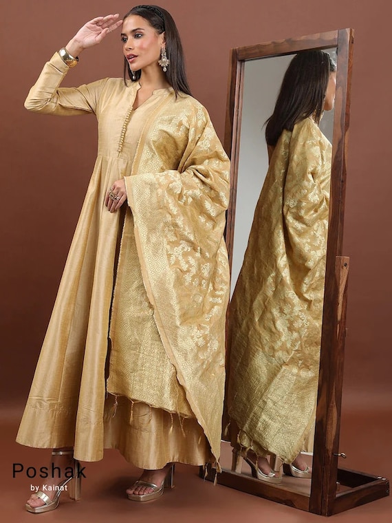 Grey Gold Anarkali Gown Set with Multi-Coloured Embroidery and Silver  Highlights - Seasons India