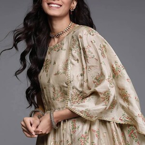Beige Sequinned Sleeveless Kurta Palazzo Set With Dupatta main image 1