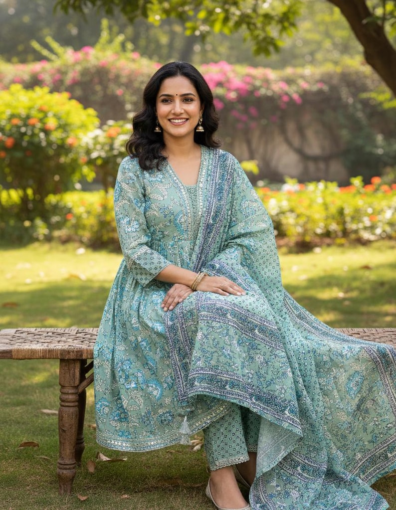 May include: A light teal Indian salwar kameez set with a floral pattern and a matching dupatta. The outfit features a V-neckline and is worn with matching pants. The ensemble is adorned with a detailed border.