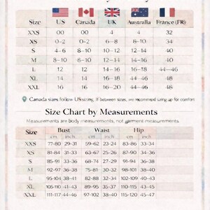 May include: A size chart by PoshakbyKainat, with measurements in inches and centimeters. It includes bust, waist, and hip measurements, along with size conversions for US, Canada, UK, Australia, and France.