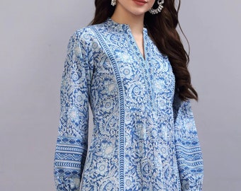 Haut empire bleu à imprimé floral - Kurta court pour femme - Kurtis d'été - hauts t-shirts - hauts bohèmes grande taille - tuniques en pur coton pour femmes