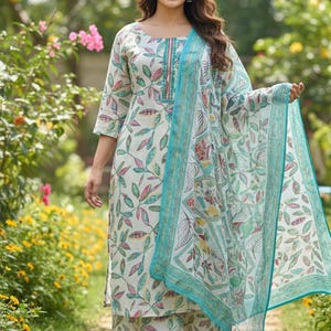XXL tot 6XL grote maten Kurta-set voor dames - Turquoise zijde Kurta met broek en Dupatta-Indiase jurk voor dames - Salwar Kameez Dupatta-set