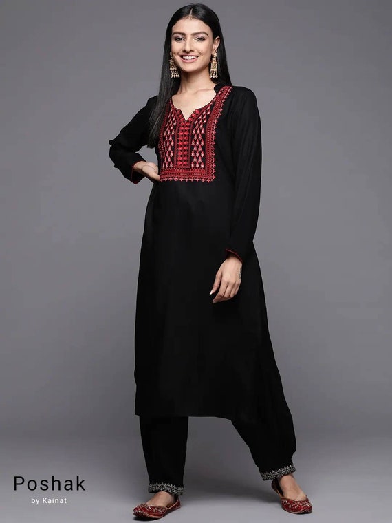 Winter Woolen Kurta for Women Black Red Yoke Design Embroidered