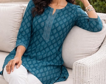 Kurtis For Women - Short Kurta Dress - Blue  Pure Cotton Printed Straight Kurta - Indian Dress -Tops & Tees - Printed Kurti- Summer Wear Top