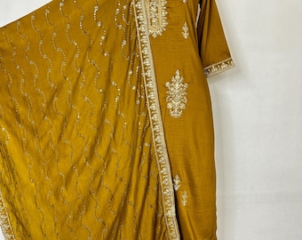Indian Party / Wedding Wear For Women - Mustard Yellow Silk Embroidered Straight Kurta With Trousers & Dupatta - Kurta Sets - Salwar Kameez