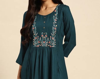 Indian Kurtis Tunic Top - Teal Embroidered A-line Tunic Top - Indian Ethnic Top - Summer Short Kurta For Women - Tops Tees T-shirt For Women