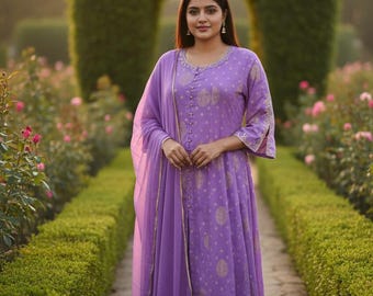 Elegant Purple Rayon A-Line Kurta Set for Women with Pants & Dupatta – Festive Party Wear Indian Suit – Ethnic Outfit for Wedding and Diwali