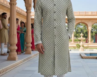 Ropa étnica india para hombre: Kurta bordada de algodón puro marrón con pijama. Conjuntos de kurta para hombre. Sherwani indio para hombre.