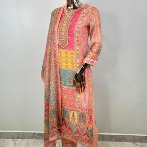 Indian Summer Wear Damen - Pfirsich Floral Bedruckte Leinen Kurta mit Palazzo und Dupatta - Sommer Tops Tunikas Kurta Set - Kurta mit Hose