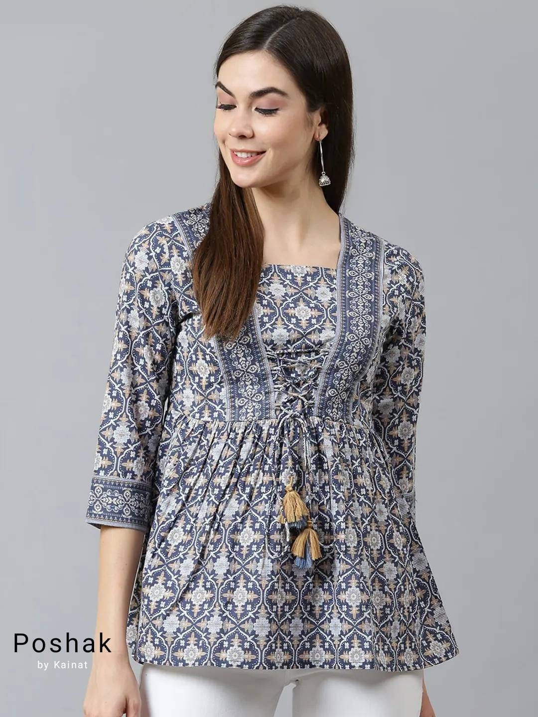 Tops for Women Pure Cotton Navy Blue Printed Empire Tunic Kurtis