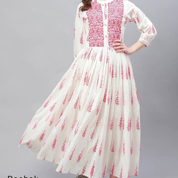 Plus Size Kurta Damen - Baumwolle Off-White und Pink bedruckte Anarkali Kurta für Damen - indisches Kleid - XXL 3XL 4XL 5XL - Kurtis für Damen -Tunika
