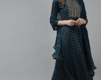 Indisches Salwar Kameez Set - Marineblaue Pailletten-A-Linie Kurta mit Palazzo Dupatta - Kurti mit Hose - Indisches Ethnic Dress-Salwar Kameez