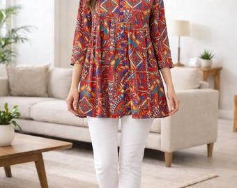 Indian Tunics For Women - Maroon Printed Pure Cotton Kurti - Boho Tops Tees - Summer Short Kurta Top - Plus Size XXL Kurti - Gifts For Her