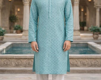 Kurta Pajama Masculino - Kurta Azul Bordado Chikankari com Pijama - Conjunto Kurta Indiano para Festas/Eid - Ideal para o Eid e Diwali