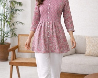Pure Cotton Kurti For Women - Mauve Printed A-line Cotton Kurta - Short Kurta - Plus Size Tunic Top - Tops Tees T-shirt - Summer Ethnic Top