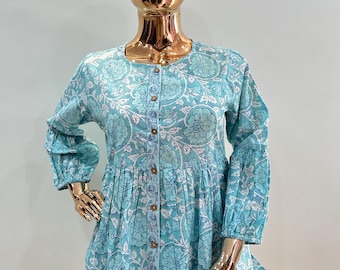 Summer Tops For Women - Blue White Pure Cotton Short Kurti For Women- Indian Tunics - Kurtis For Women - Indian Ethnic Top - Kurta Top Women