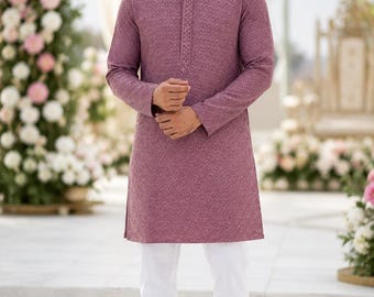 Men's Indian Ethnic Wear - Kurta with Pyjama For Men -  Chikankari Pure Cotton Mauve Kurta Sets For Men - Indian Festive/Party Wear For Men
