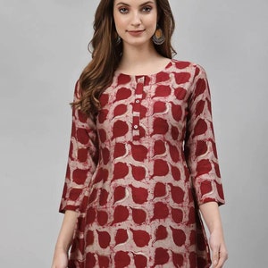 Tunic Tops For Women - Maroon & Grey Printed A-line Kurti  - Summer Tops Tee - Short Kurta - Boho Hippe Tops - Indian Tunics - Gifts For Her