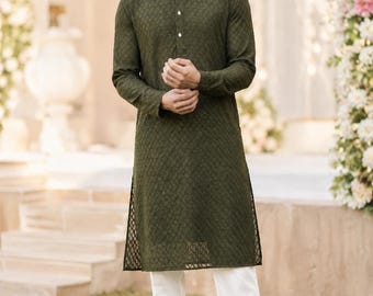Indian Festive/Party Wear For Men - Pure Cotton Chikankari Green Kurta With Pyjama For Men -Men's Indian Ethnic Wear - Mehendi Kurta Set Men