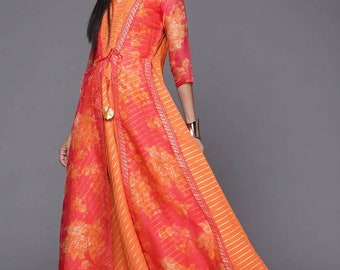 Party Gown For Women - Orange & Golden Striped Printed Anarkali Kurta - Maxi Dress - Indian Dress Women - Bridesmaid Dress - Indian Party We