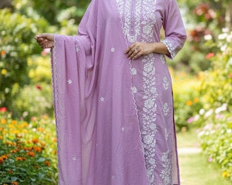 Komplety Kurta dla kobiet - bawełniana prosta, drukowana różowa kurta ze spodniami dupatta - salwar kameez dupatta - zestaw kurta Indian Summer Wear dla kobiet