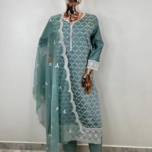 Indian Party Wear Kurta Set For Women - Sea Green Silk Embroidered Straight Kurta With Trousers & Dupatta - Kurta Sets - Salwar Kameez Set