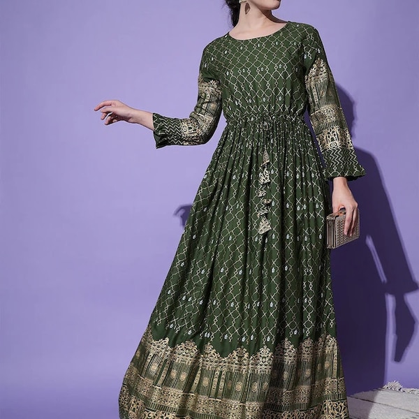 Anarkali Kurti Dress - Green and Golden Printed Anarkali Kurta For Women - Maxi Dress - Dresses For Women - Indian Ethnic Wear