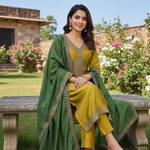 Silk Blend Mustard Kurta Set For Women - Indian Haldi Ceremony Outfit - Party Wear Ethnic Kurta Trouser Set - Festive Wear Salwar Kameez Set