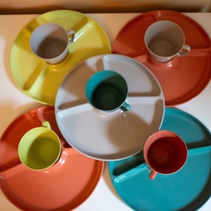 Vintage plastic picnic set with funky mismatched colors