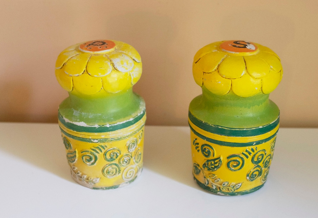 Giant 6 Tall Salt and Pepper Shakers Groovy Yellow and Green 1970s Design Etsy